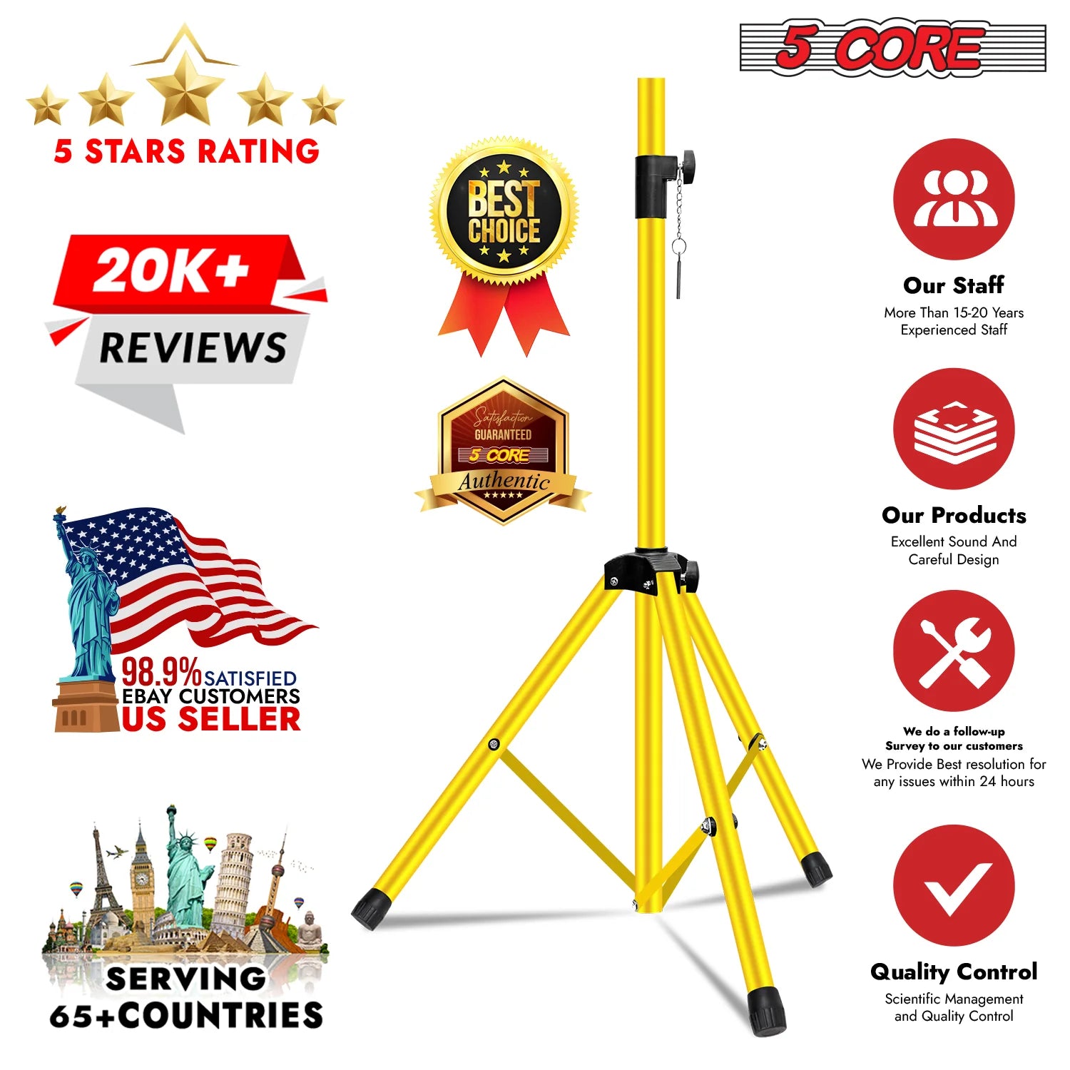 5Core Speaker Stand Tripod Tall Adjustable 72 Inch DJ Pole Mount Studio Monitor Stands Yellow 1 PK
