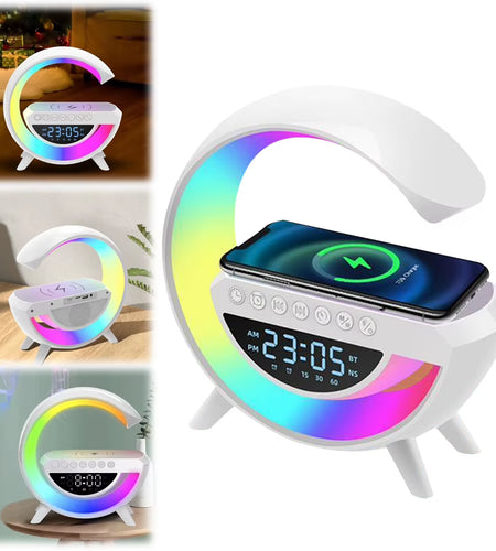 Glowsound Bluetooth Speaker & Wireless Charger – 13 Light Modes, Alarm Clock & G-Shaped Lamp for Home & Office
