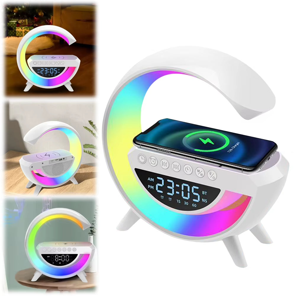Glowsound Bluetooth Speaker & Wireless Charger – 13 Light Modes, Alarm Clock & G-Shaped Lamp for Home & Office
