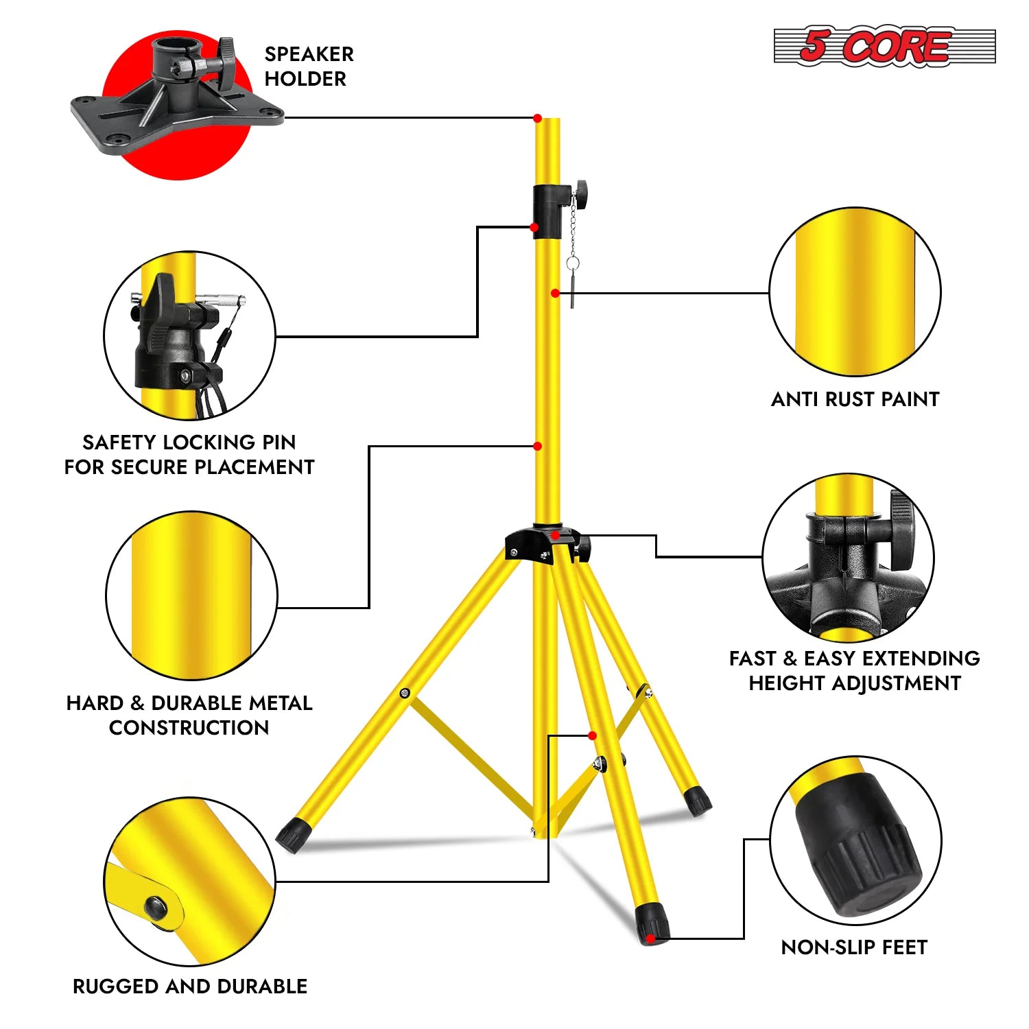 5Core Speaker Stand Tripod Tall Adjustable 72 Inch DJ Pole Mount Studio Monitor Stands Yellow 1 PK