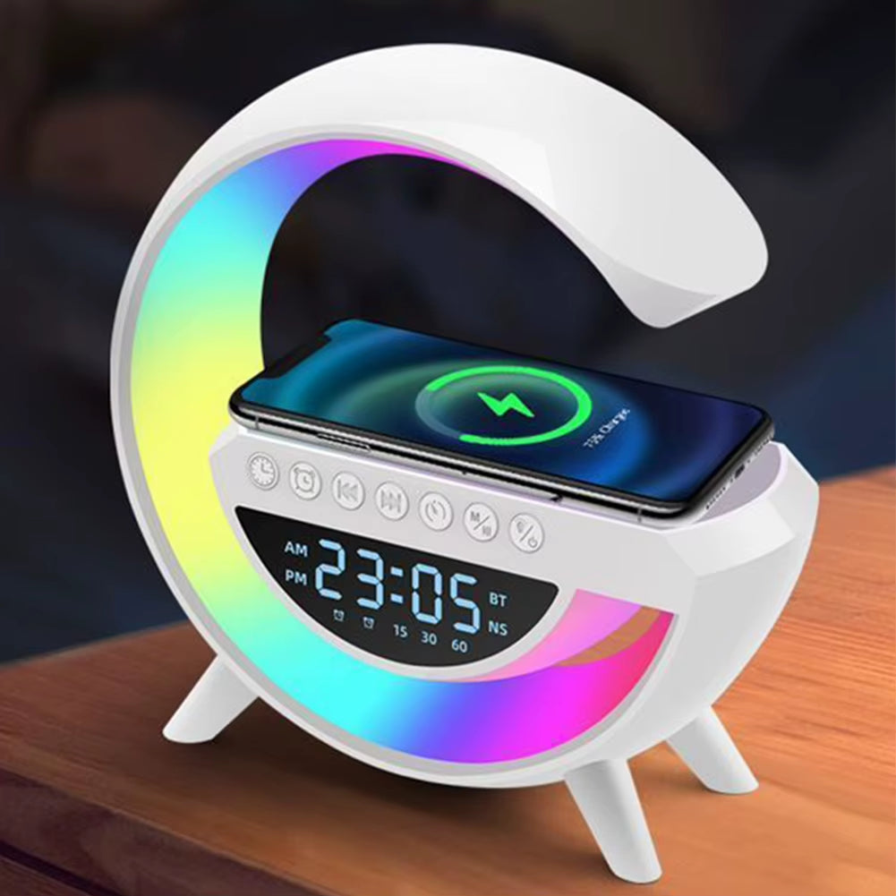 Glowsound Bluetooth Speaker & Wireless Charger – 13 Light Modes, Alarm Clock & G-Shaped Lamp for Home & Office