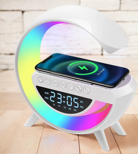 Glowsound Bluetooth Speaker & Wireless Charger – 13 Light Modes, Alarm Clock & G-Shaped Lamp for Home & Office