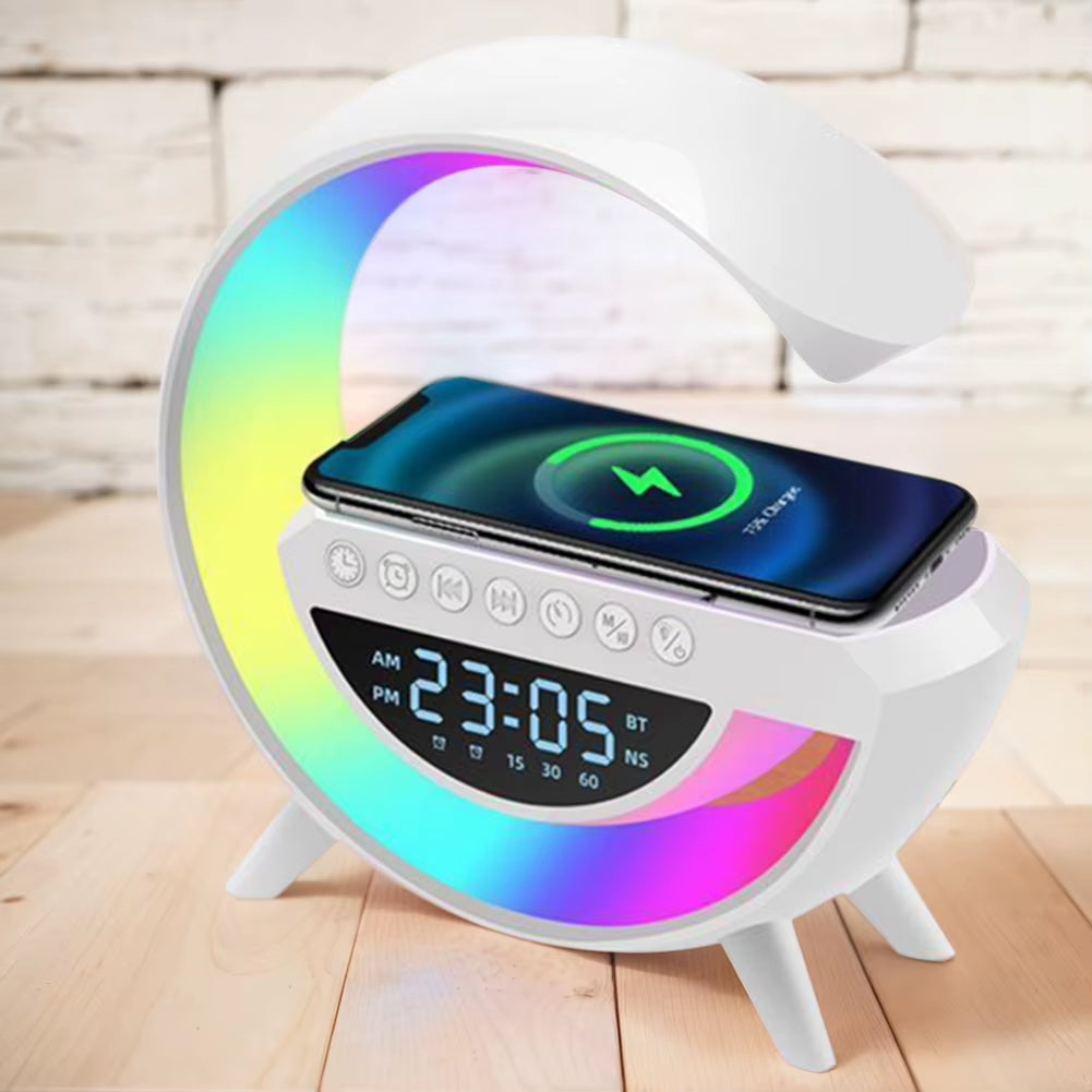 Glowsound Bluetooth Speaker & Wireless Charger – 13 Light Modes, Alarm Clock & G-Shaped Lamp for Home & Office