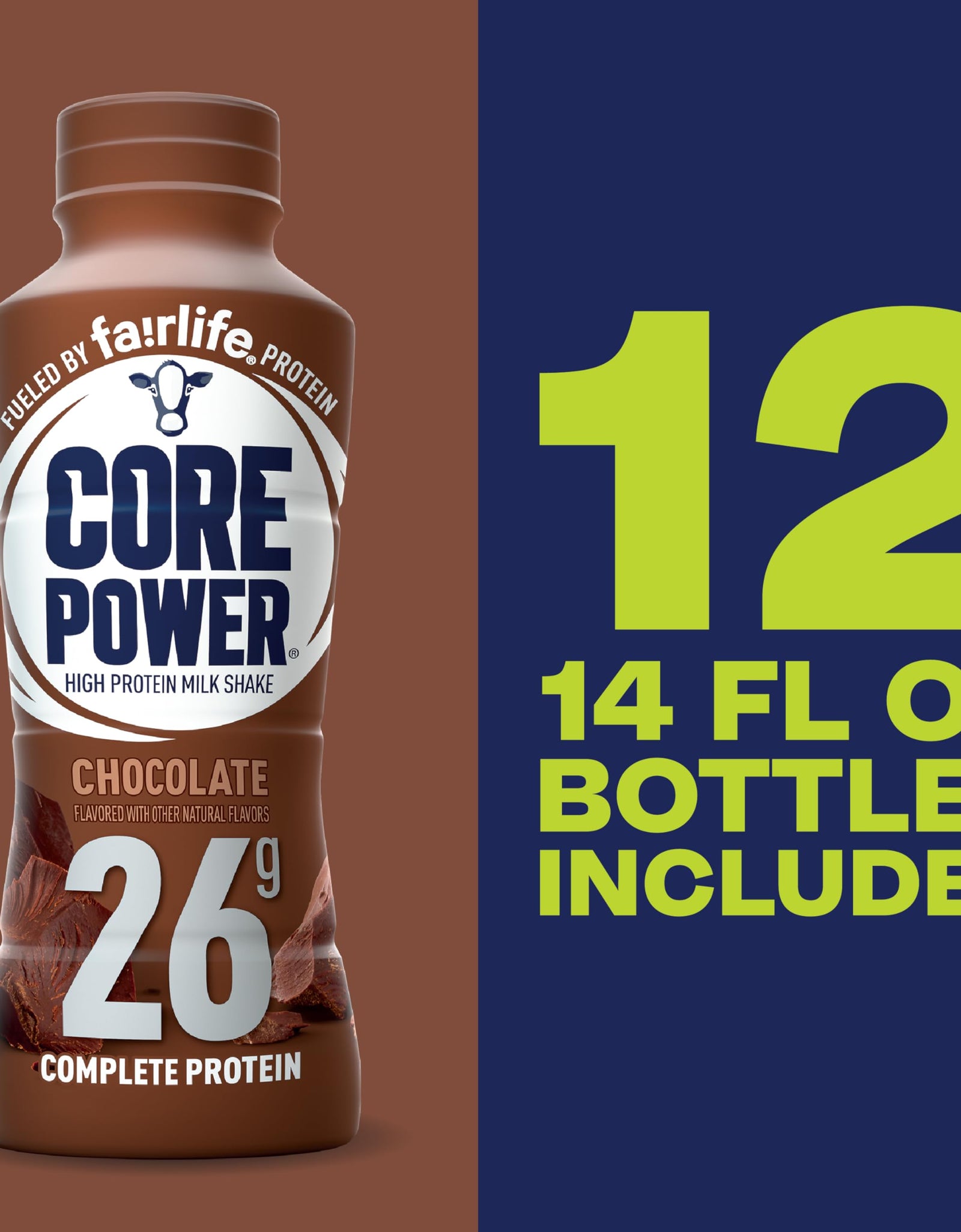 Core Power Protein Shake, Chocolate, 26g Bottle, 14oz, 12 Pack