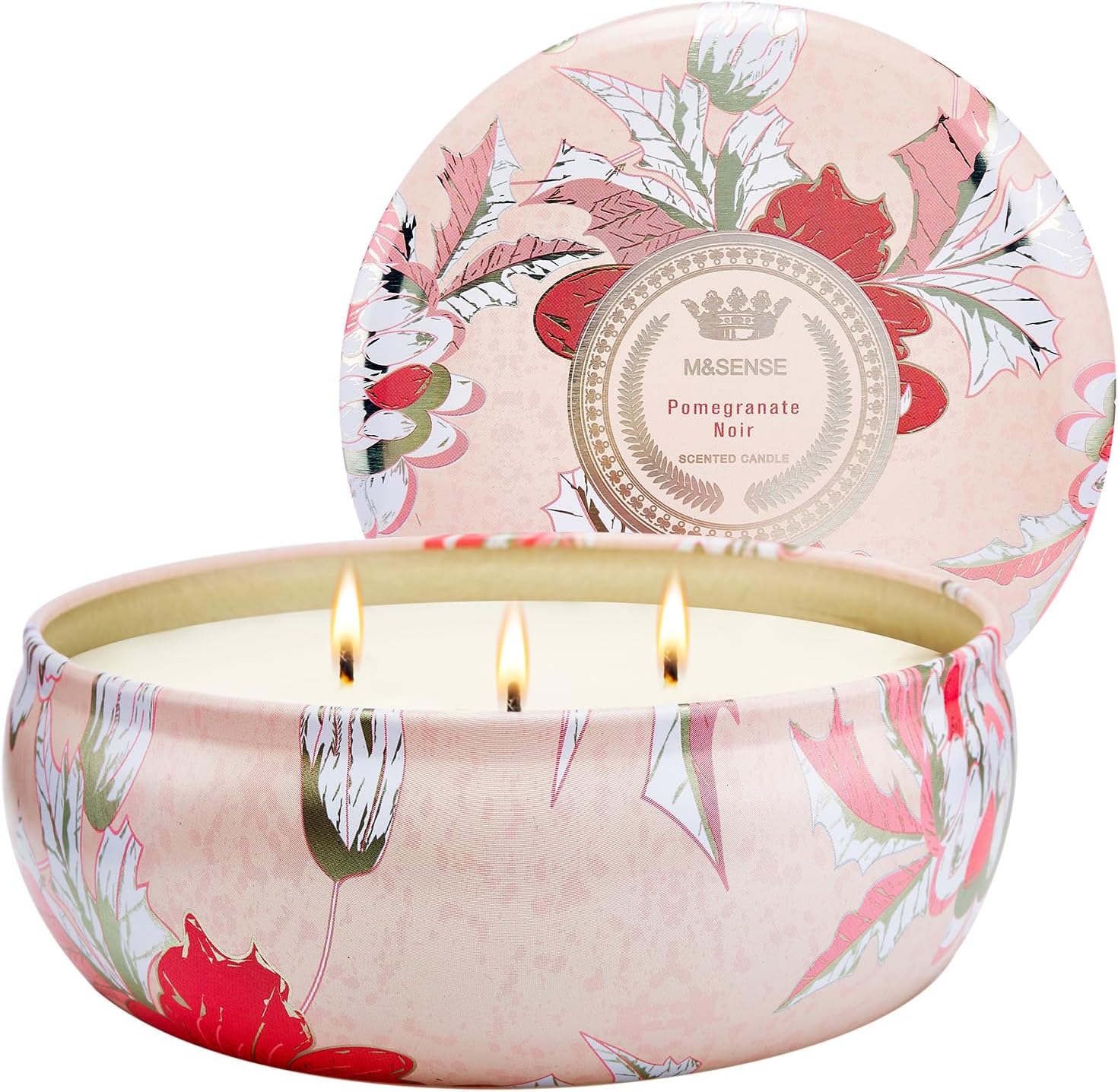 M&SENSE Soy Scented Candles for Home 12oz, 3 Wick Highly Scented 40 Hours Long Lasting, Pomegranate Scented Portable Tin Candles for Travel, Spa, Bath, Yoga