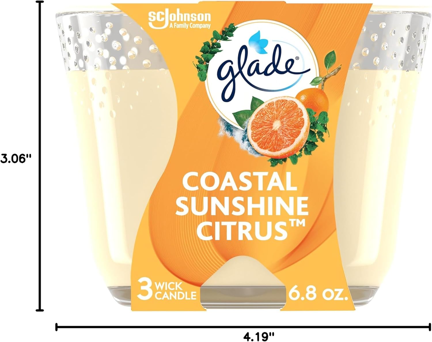Glade Scented 3-Wick Candle Jar, Coastal Sunshine Citrus, Fragrance Infused with Essential Oils, 6.8 oz