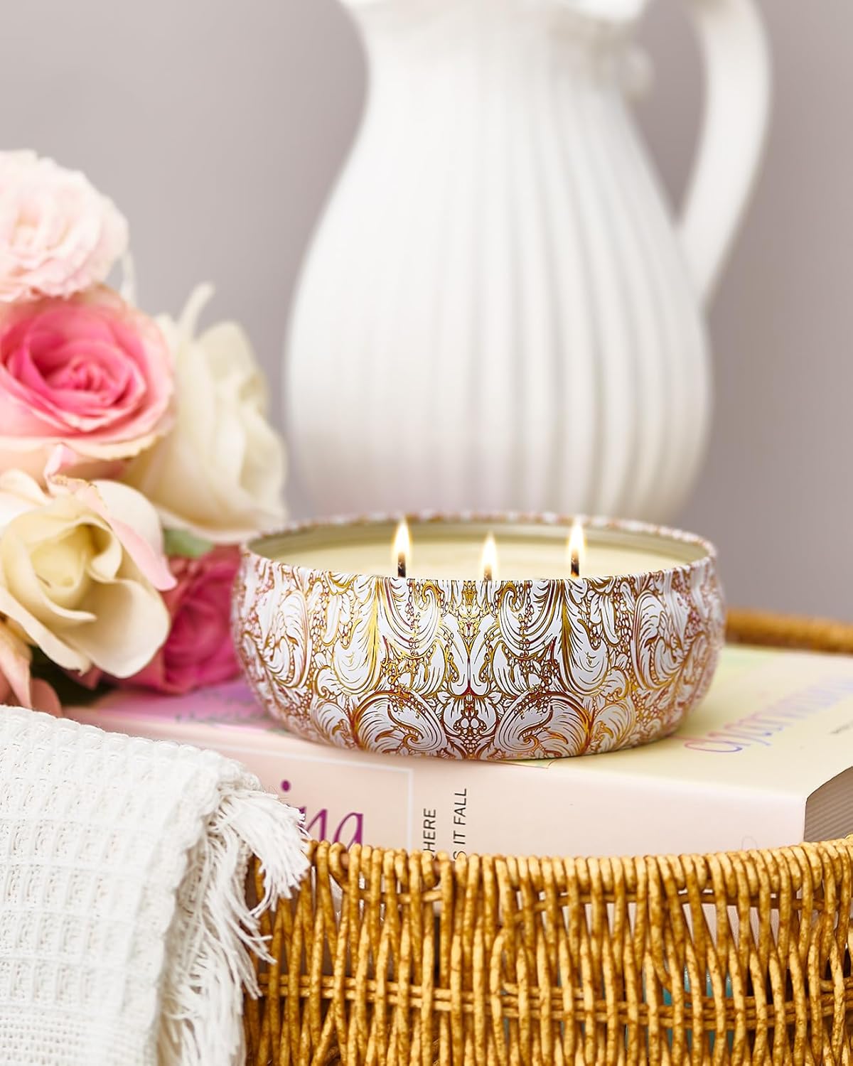 M&SENSE Soy Scented Candles for Home 12oz, 3 Wick Highly Scented 40 Hours Long Lasting, Pomegranate Scented Portable Tin Candles for Travel, Spa, Bath, Yoga