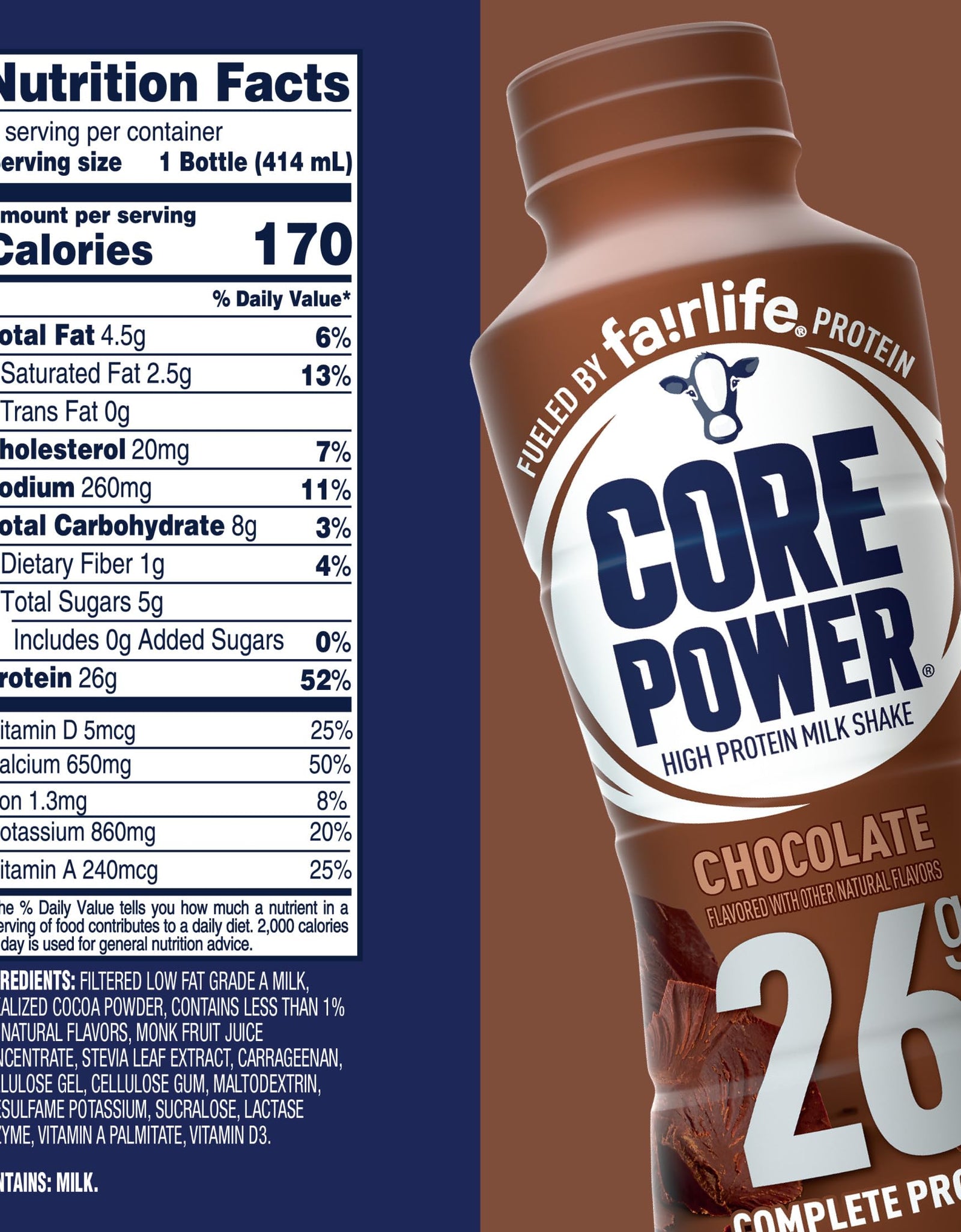 Core Power Protein Shake, Chocolate, 26g Bottle, 14oz, 12 Pack