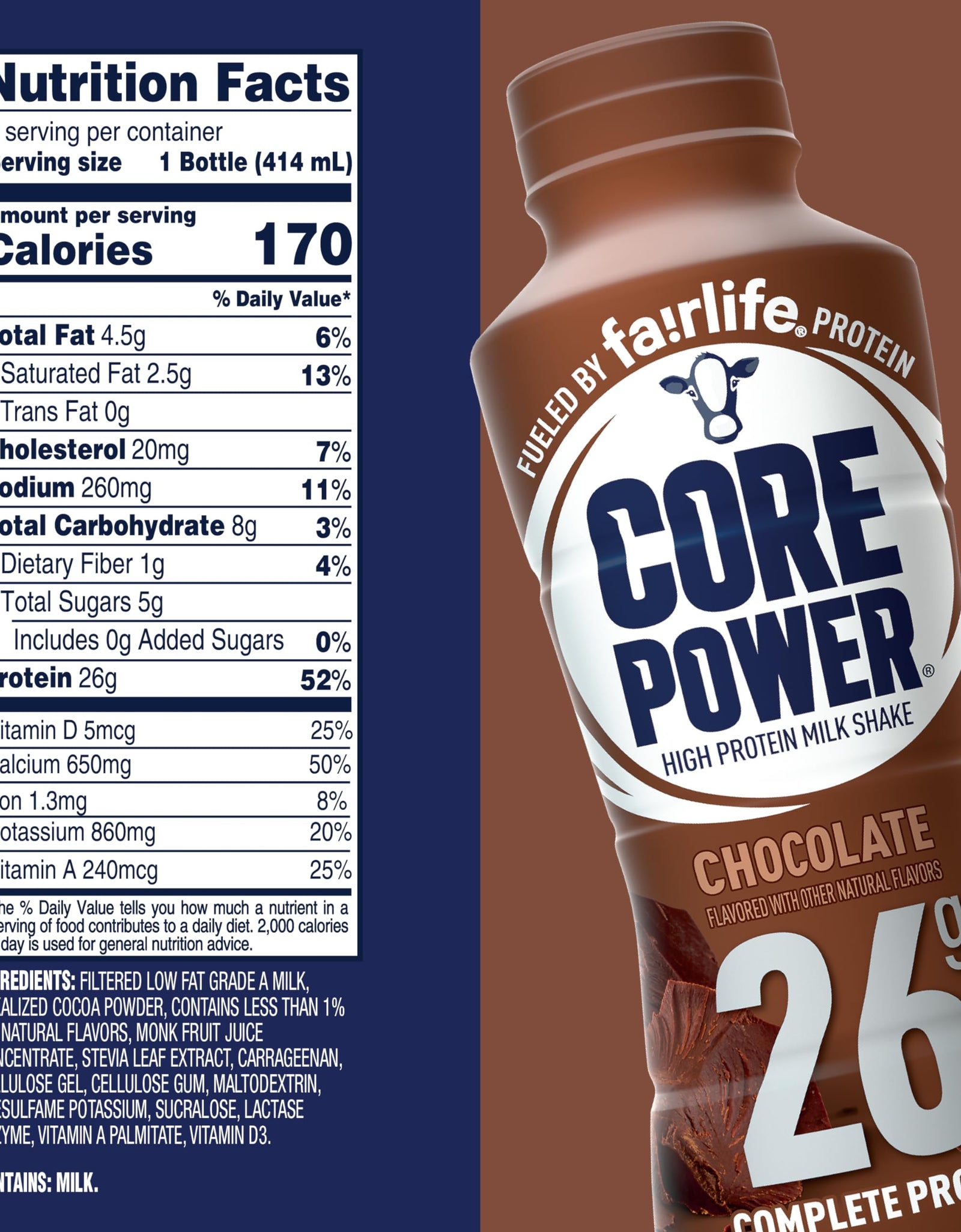 Core Power Protein Shake, Chocolate, 26g Bottle, 14oz, 12 Pack