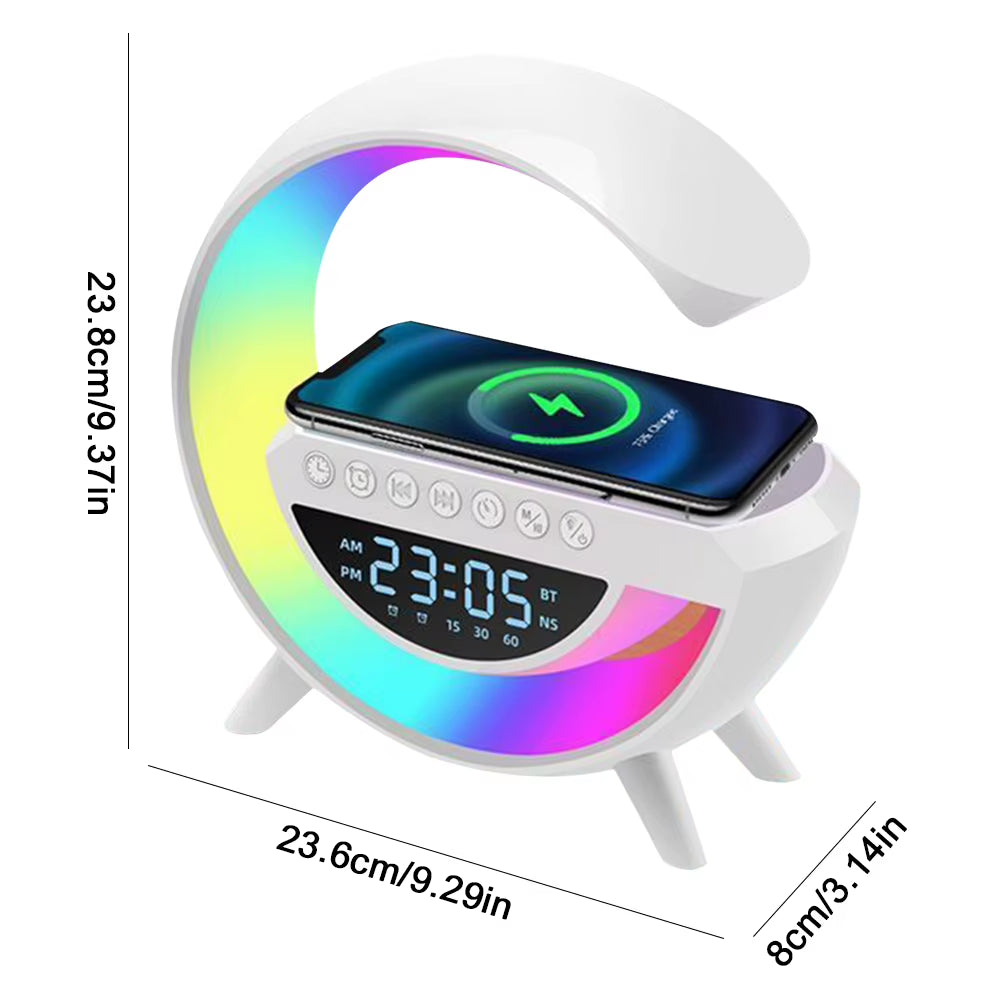 Glowsound Bluetooth Speaker & Wireless Charger – 13 Light Modes, Alarm Clock & G-Shaped Lamp for Home & Office