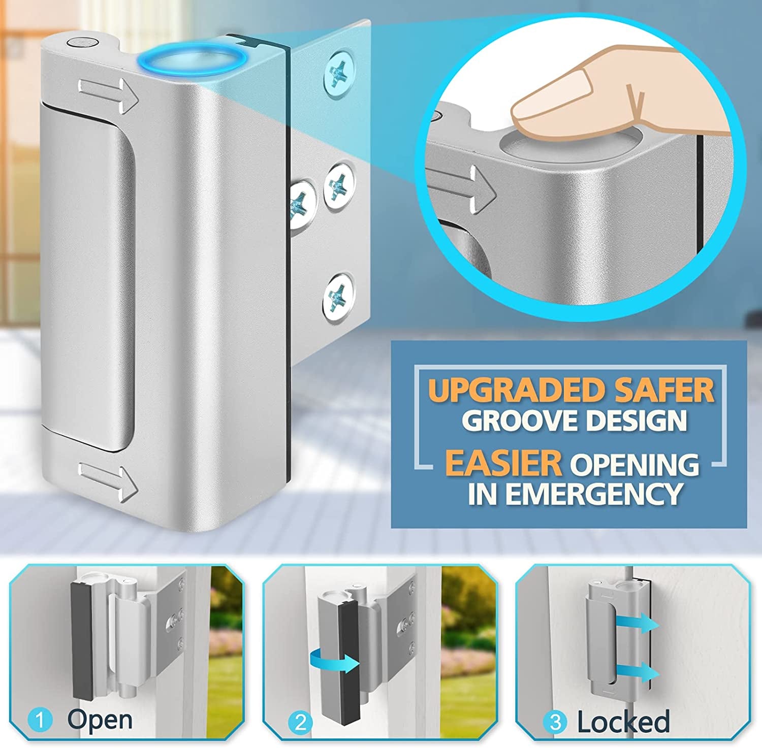 Home Security Door Reinforcement Lock - Upgraded Safety Childproof Locks Hardware for Inward Swinging Door , Extra Night Add a inside Withstands 800Lbs Deadbolt Latch , Guard Bedroom Patio