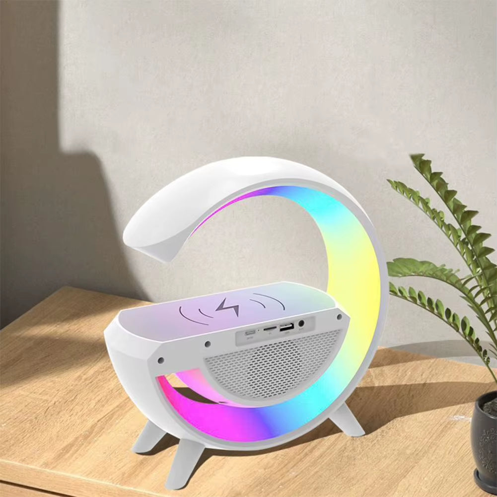 Glowsound Bluetooth Speaker & Wireless Charger – 13 Light Modes, Alarm Clock & G-Shaped Lamp for Home & Office