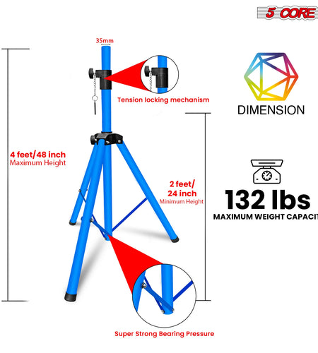 5 Core Speaker Stand Tripod Floor Adjustable up to 48 Inch DJ Studio Monitor Stands Pole Mount Pair SKY BLUE