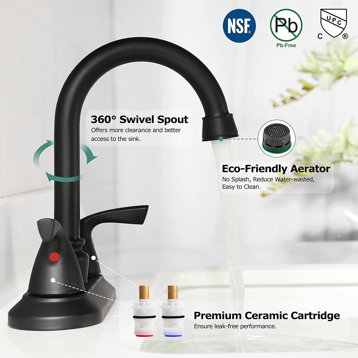 2-Handle Bathroom Faucet with Metal Drain Assembly & Supply Lines NSF Cupc Certified, Matte Black, 1359104